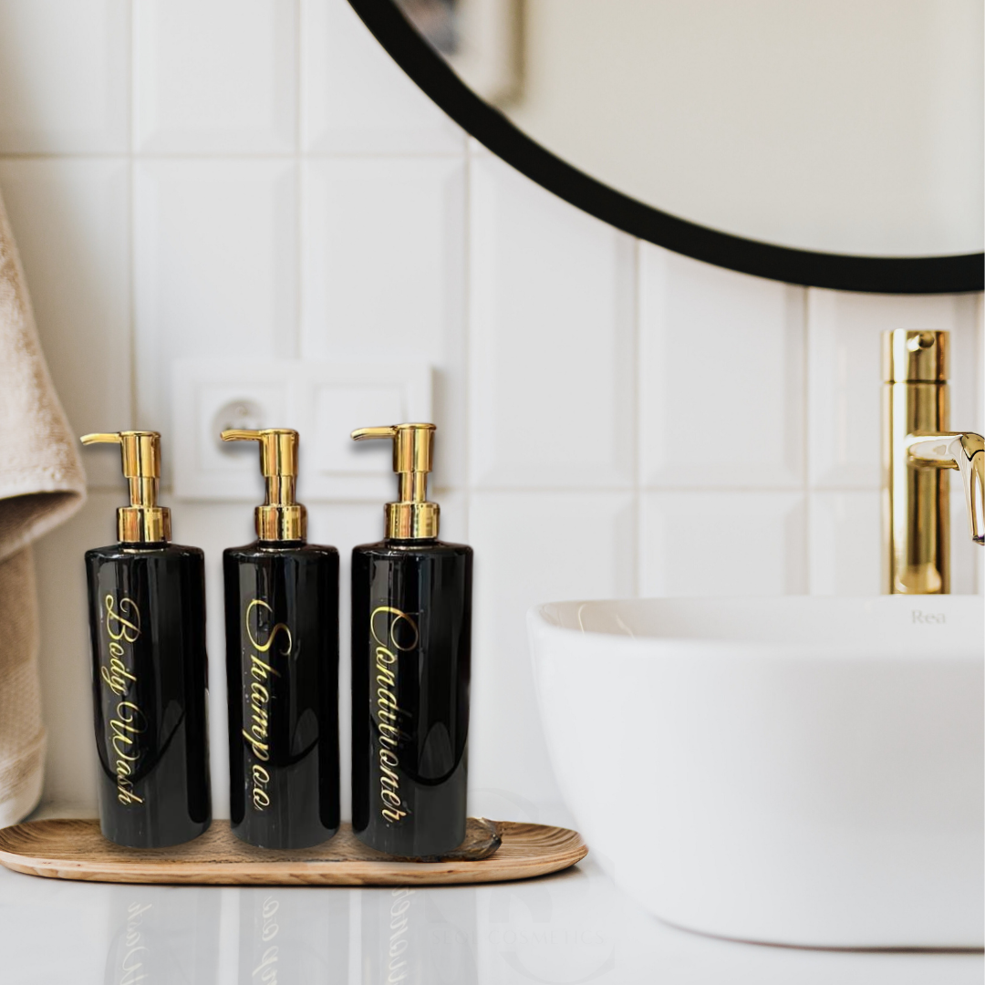 Mehrwegflaschenspender 3x500ml Shampoo Gel Conditioner Schwarz und Gold SEOL