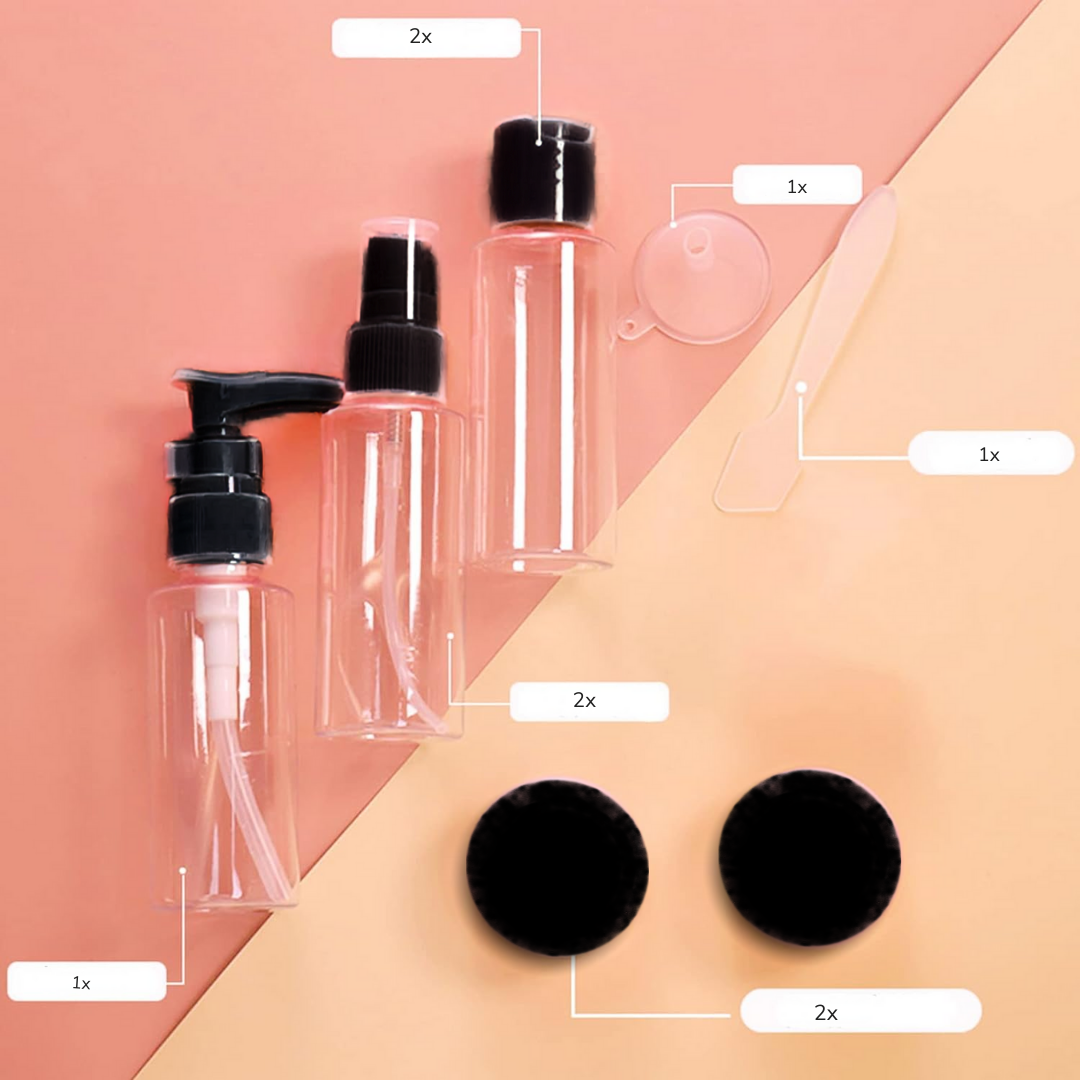 9er Set Reisebehälter für Kosmetik fürs Flugzeug + SCHWARZE Kosmetiktasche