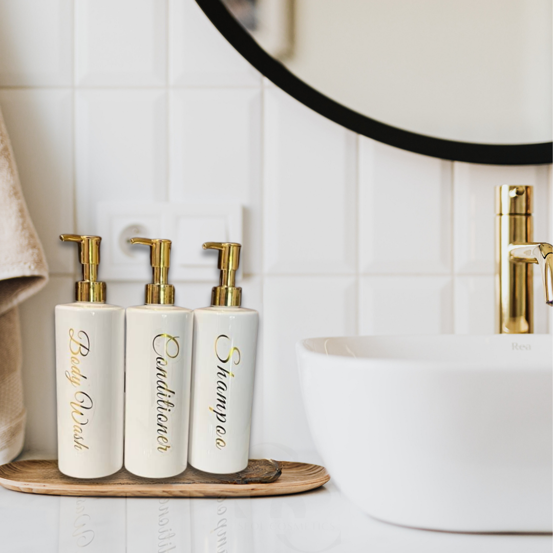 Mehrwegflaschen Spender 3x500ml Shampoo Gel Spülung weiß-gold SEOL