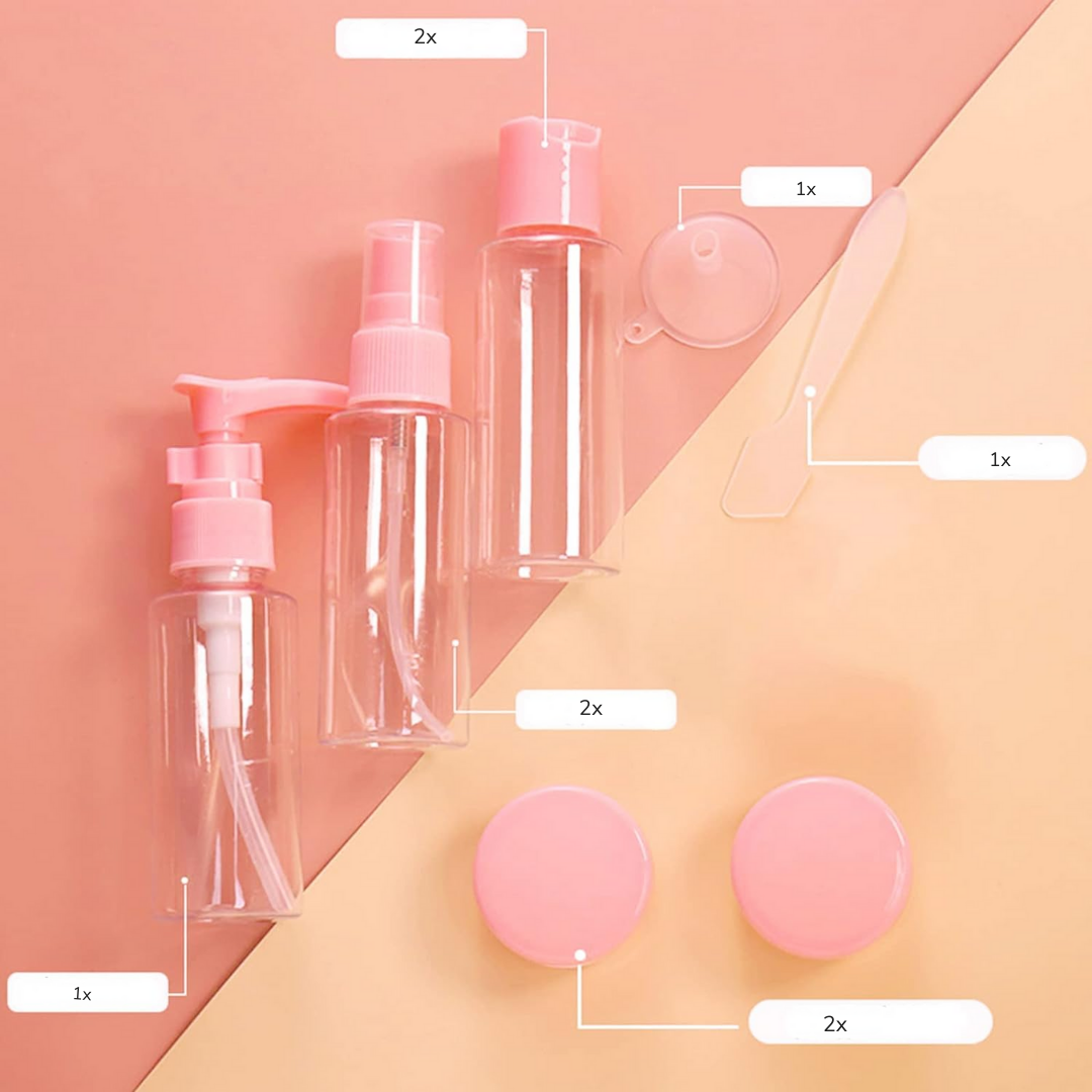9er Set Reisebehälter für Kosmetik fürs Flugzeug + ROSA Kosmetiktasche