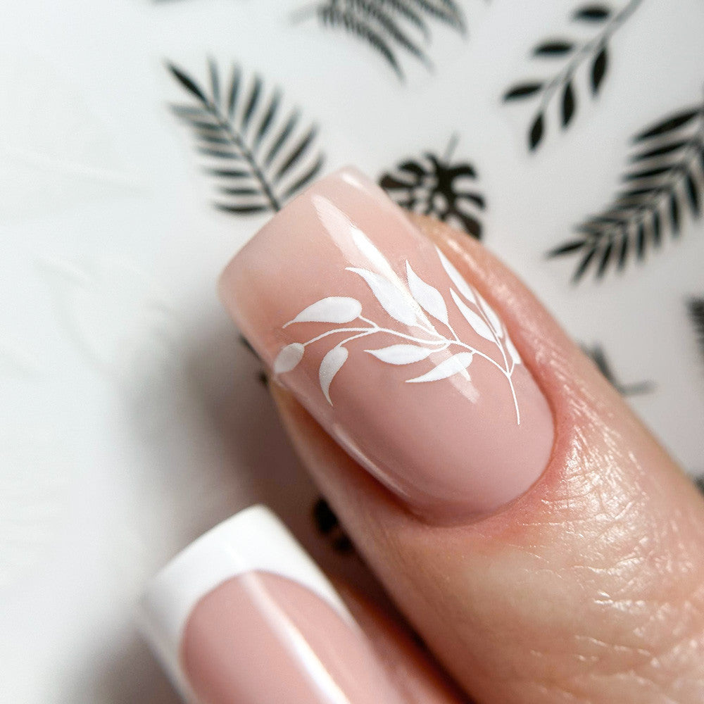 Nagelsticker selbstklebend F564 weiß schwarz Monstera Palmblätter