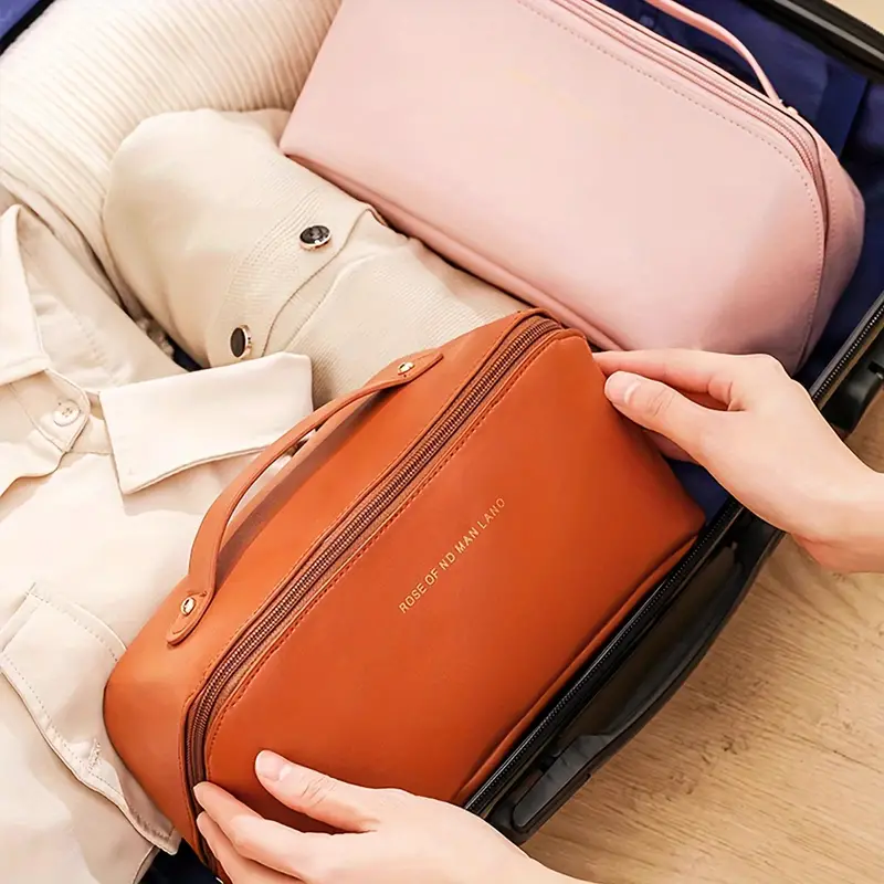Reisekosmetiktasche, faltbar, Reiseleder, Kosmetiketui, braun