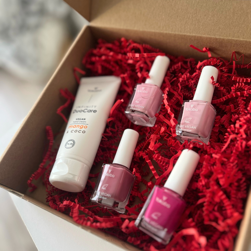 Yokaba Pink Valentinstag Geschenkset DuoCare Mango Handcreme + 4 Nagellacke