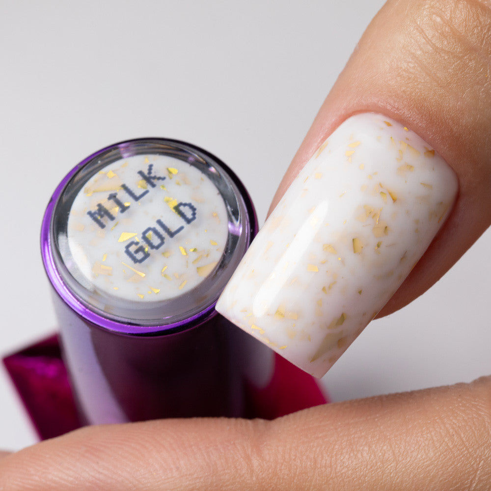 MollyLac Milchige Gummibasis für Nägel Goldflocken Flocken Gummibasis Milch&Gold